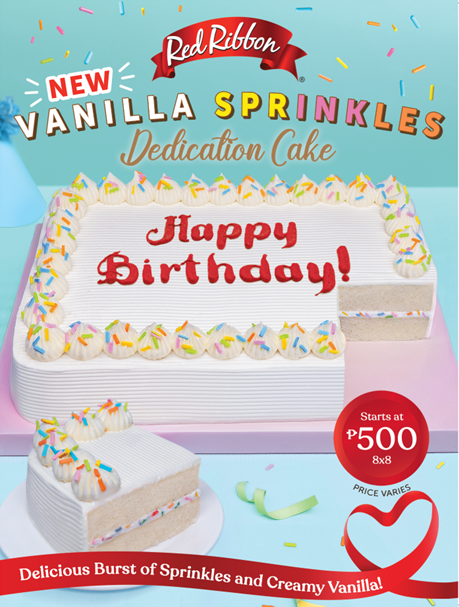 Add a new and exciting twist to your birthdays with the ALL-NEW Red Ribbon Vanilla Sprinkles Dedication Cake